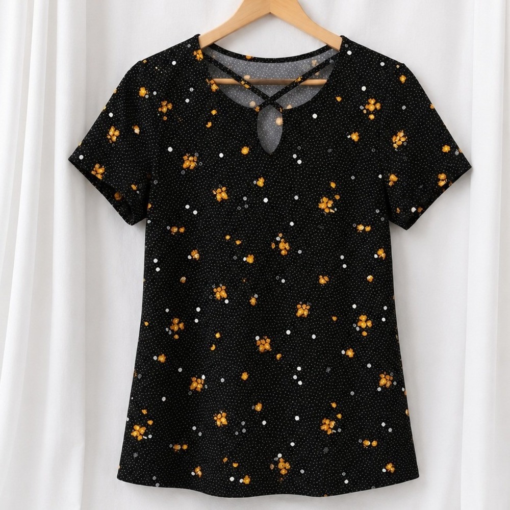 Joe Boxer Womens Blouse Large Black Yellow Floral Strappy Neck Short Sleeve